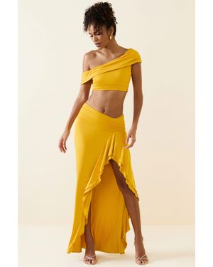 Oh Polly Asymmetric Ruffled Low-Rise Maxi Skirt - Yellow