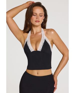 Oh Polly Modal Lace-Trim Halterneck Top - Black