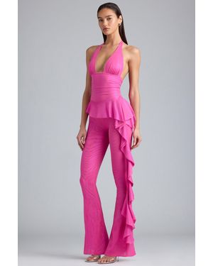 Oh Polly Metallic Ruffle Low-Rise Flared Trousers - Pink