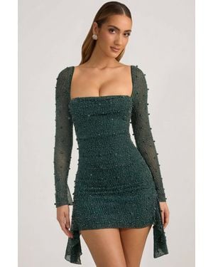 Oh Polly Embellished Cowl-Neck Draped Mini Dress - Green