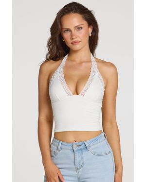 Oh Polly Modal Lace-Trim Halterneck Top - White