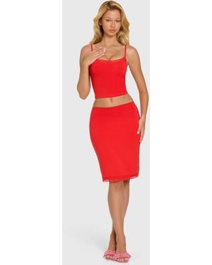 Oh Polly Modal Lace-Trim Midi Skirt - Red