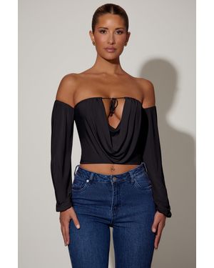 Oh Polly Off-Shoulder Draped Balloon-Sleeve Top - Black