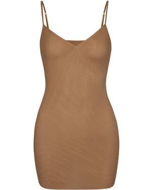 Oh Polly Soft Mesh V-Neck Mini Slip Dress - Brown