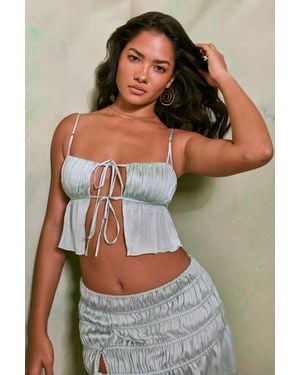 Oh Polly Shirred Tie Up Front Crop Top - Green