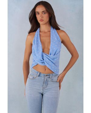 Oh Polly Deep Plunge Halterneck Top - Blue