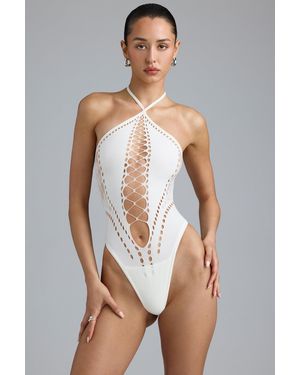 Oh Polly Lace-Up Halterneck Bodysuit - White
