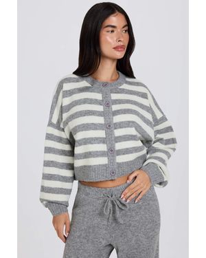 BO+TEE Soft Knit Stripe Cropped Cardigan - Grey