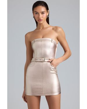 Oh Polly Metallic Denim Belted Strapless Mini Dress - Natural