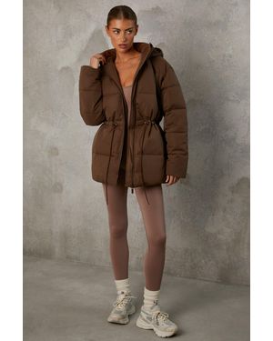 BO+TEE Mid Length Hooded Puffer Coat - Brown