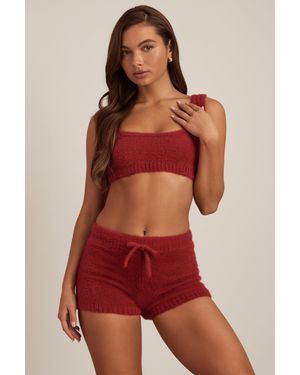 Oh Polly Fluffy Knit Mid-Rise Mini Shorts - Red