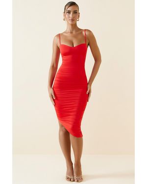 Oh Polly Asymmetric Ruched Midi Dress - Red