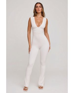 Oh Polly Plunge Neck Ruched Waist Jumpsuit - White