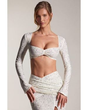 Oh Polly Embellished Long-Sleeve Crop Top - White