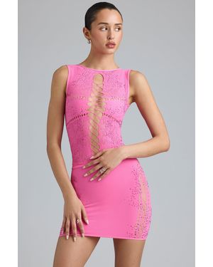 Oh Polly Embellished Lace-Up High-Neck Top - Pink