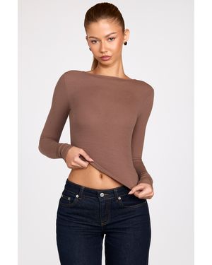 Oh Polly Ribbed Modal Ruched Long-Sleeve Top - Brown