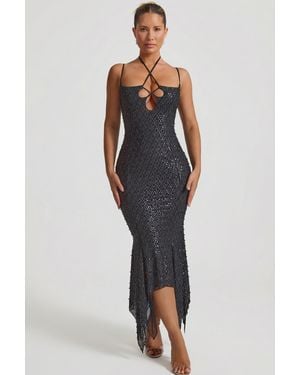Oh Polly Embellished Cut-Out Asymmetric Midaxi Dress - Black