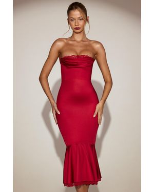 Oh Polly Satin Lace-Trim Bandeau Fluted Midaxi Dress - Red