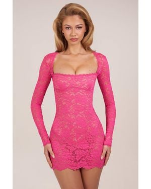 Oh Polly Sheer Scalloped-Lace Long-Sleeve Mini Dress - Pink