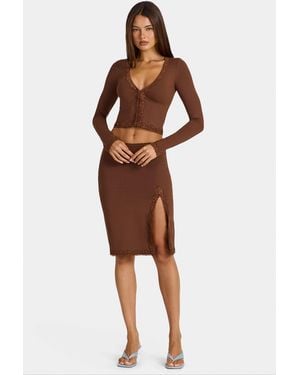 Oh Polly Modal Lace-Trim Low-Rise Midi Skirt - Brown