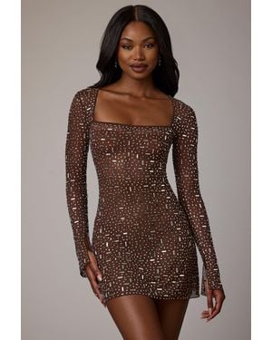 Oh Polly Sheer Embellished Long Sleeve A-Line Mini Dress - Brown
