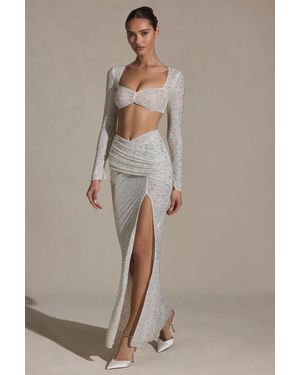 Oh Polly Embellished Ruched Maxi Skirt - White