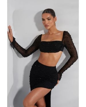 Oh Polly Embellished Cowl Neck Crop Top - Black