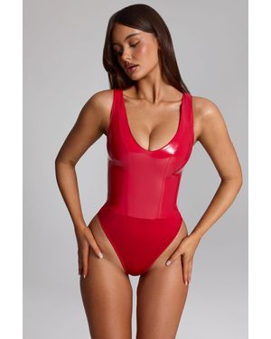 Oh Polly Glossy Vinyl Plunge-Neck Bodysuit - Red