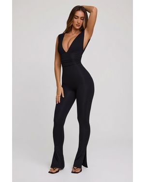 Oh Polly Plunge Neck Ruched Waist Jumpsuit - Black