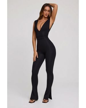 Oh Polly Plunge Neck Ruched Waist Jumpsuit - Black