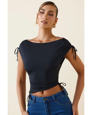 Oh Polly Asymmetric Ruched Cowl-Back Crop Top - Black