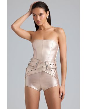 Oh Polly Metallic Denim Belted Corset Playsuit - Natural