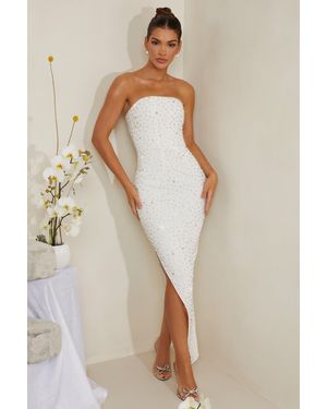 Oh Polly Hand Embellished Asymmetric Midi Dress - White