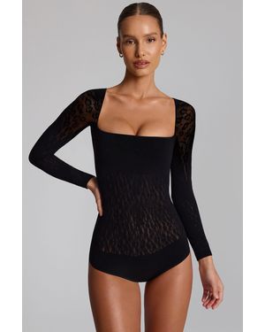 Oh Polly Cap-Sleeve Seamless Knit Bodysuit - Black