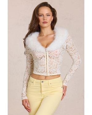 Oh Polly Lace Faux-Fur-Trim Cardigan - White