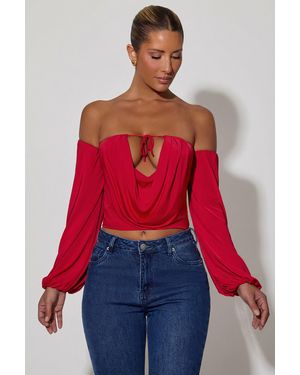 Oh Polly Off-Shoulder Draped Balloon-Sleeve Top - Red