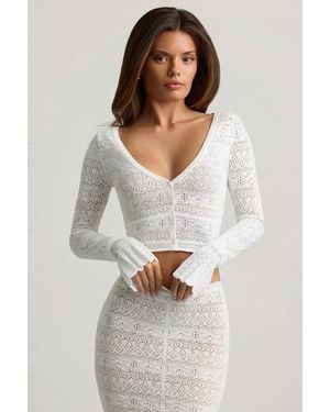 Oh Polly Ruffle-Trim Pointelle-Knit Cropped Cardigan - White