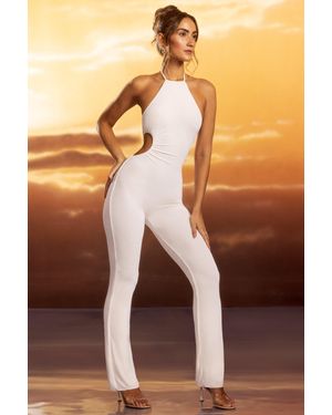 Oh Polly Tall Textured Jersey Halter Neck Ruched Cut Out Jumpsuit - Brown