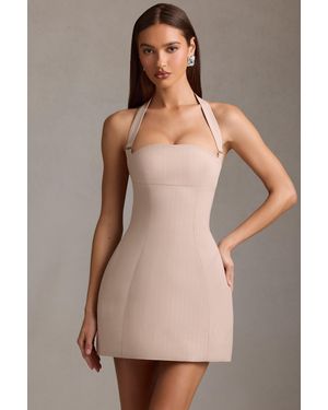 Oh Polly Pinstripe Halterneck Structured A-Line Mini Dress - Natural