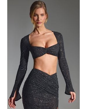Oh Polly Embellished Long-Sleeve Crop Top - Black