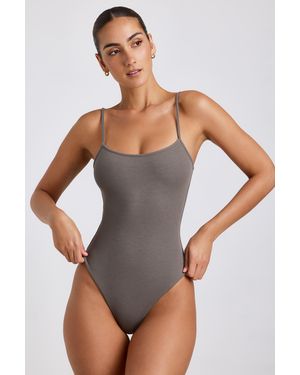 Oh Polly Ribbed Modal Square Neck Bodysuit - Grey