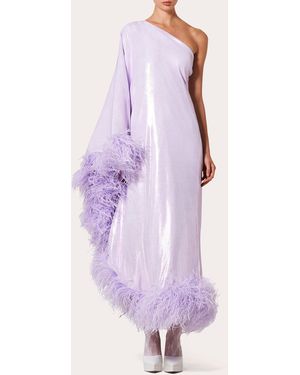 RVNG Couture Onix Asymmetric Feather Trimmed Lamé Gown - Purple