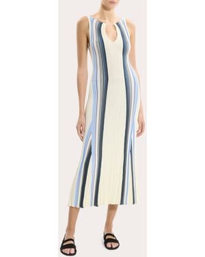 Theory Stripe Rib Knit Notched Tank Dress Cotton/Polyamide - Blue