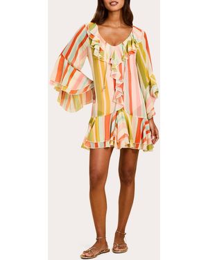 mestiza Bimini Stripe Chiffon Ruffle Kaftan Mini Dress Polyester - Orange