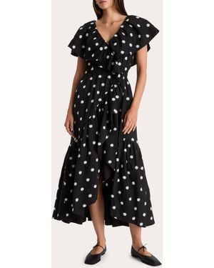 Merlette Loris Embroidered Cotton Voile Ruffle High-Low Dress - Black