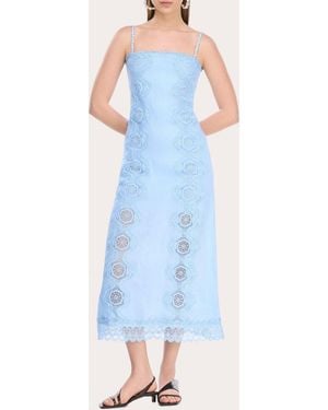 Waimari Rocio Embroidered Lace Linen Maxi Dress - Blue