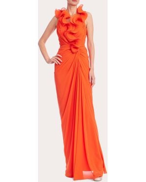 Badgley Mischka Georgette Pleated Ruffle Gathered Drape Gown Polyester