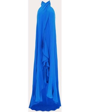 Azeeza Bari Crepe De Chine Ruffle Halter Gown - Blue