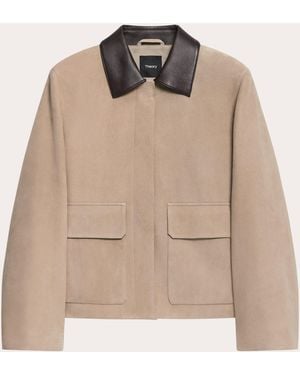 Theory Suede Leather Combo Boxy Collared Jacket - Natural