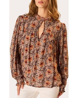 Natalie Martin Georgia Floral Gathered Ruffle Top Rayon - Brown